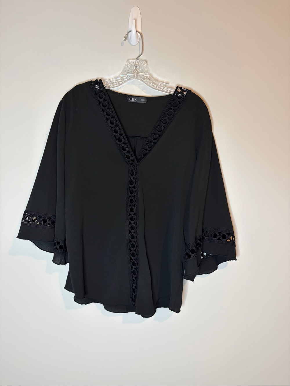 CBR Black V-Neck Crochet-Trim Flutter Sleeve Flowy Boho Cottagecore Blouse L